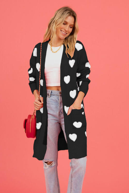 Heart Graphic Open Front Cardigan with Pockets Trendsi