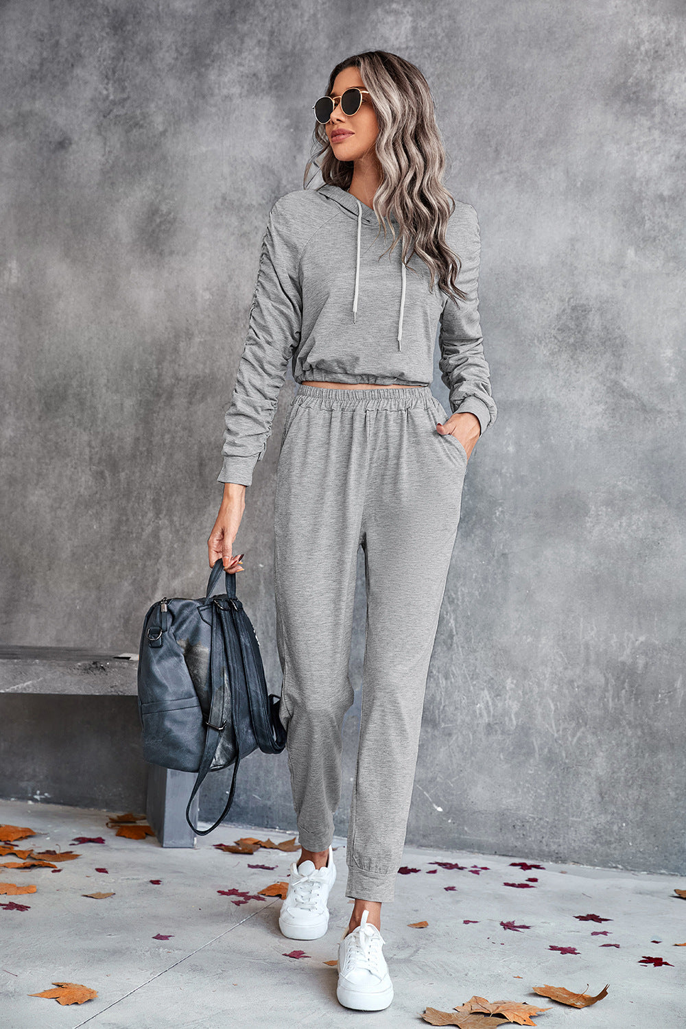 Ruched Raglan Sleeve Hoodie and Joggers Set Trendsi