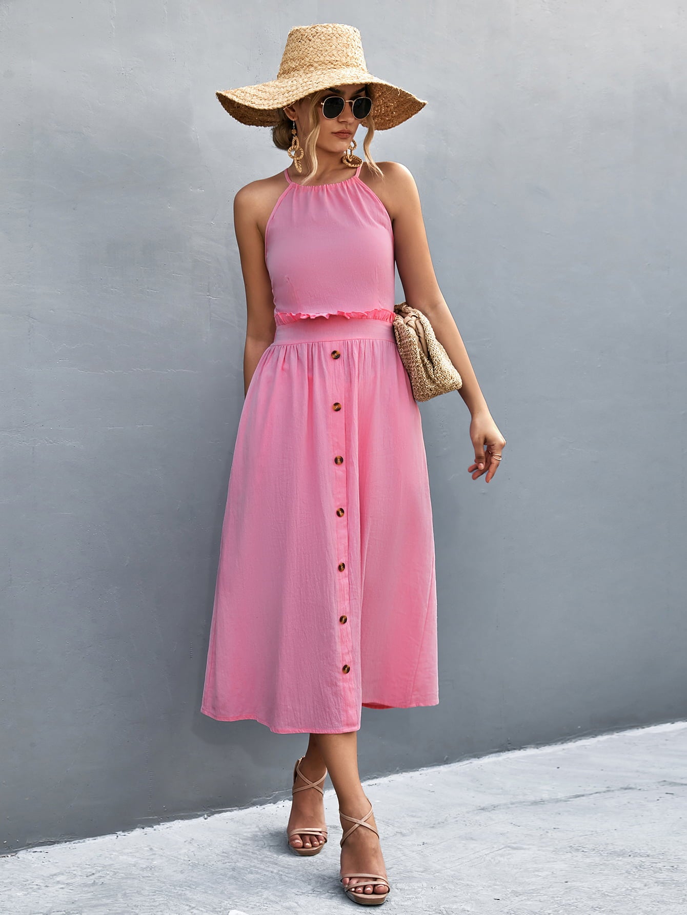 Buttoned Halter Neck Frill Trim Midi Dress Trendsi