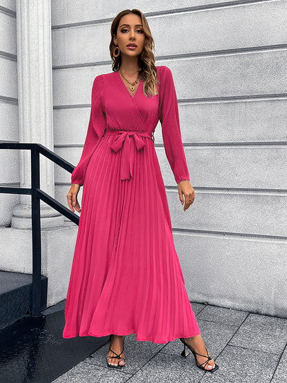 V-Neck Tie Waist Pleated Maxi Dress Trendsi