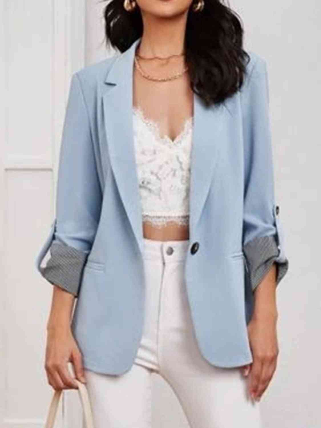 Lapel Collar Roll-Tab Sleeve Blazer Trendsi