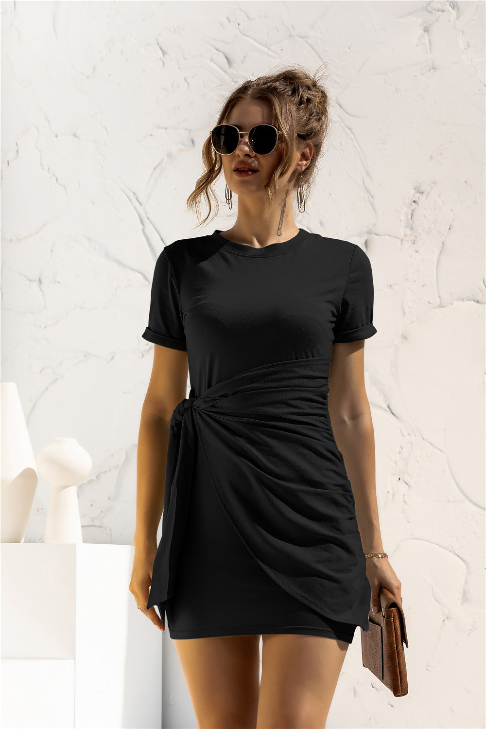 Round Neck Cuffed Sleeve Side Tie Dress Trendsi