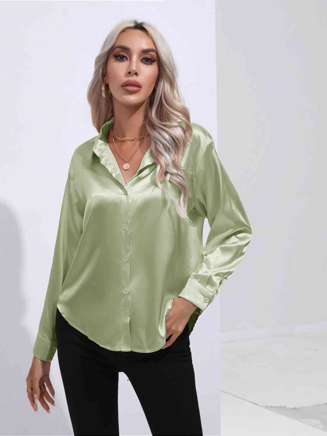 Collared Neck Buttoned Long Sleeve Shirt Trendsi