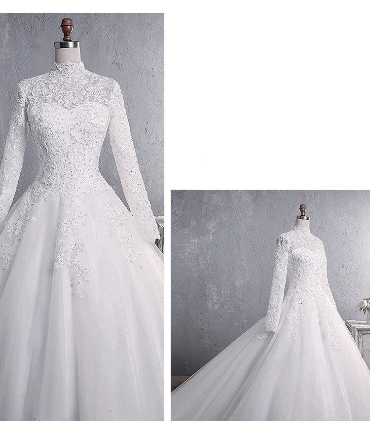 Lace Wedding Dress Bridal Stand-up Collar Long-sleeved Large Tail Large Size aclosy