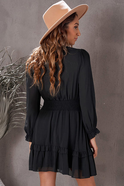 Tied Plunge Smocked Waist Flounce Sleeve Dress Trendsi