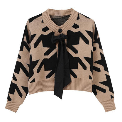 Sweet Bow Round Neck Contrast Color Retro Sweater Coat New In
