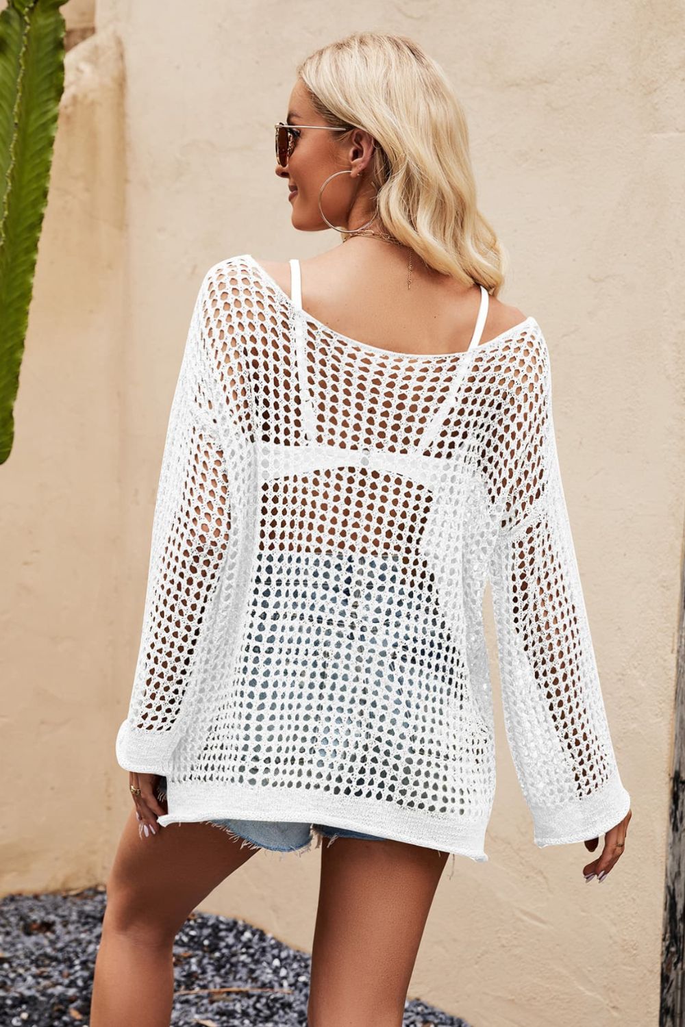 Openwork Round Neck Long Sleeve Cover Up Trendsi