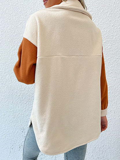 Contrast Button-Up Fleece Jacket Trendsi