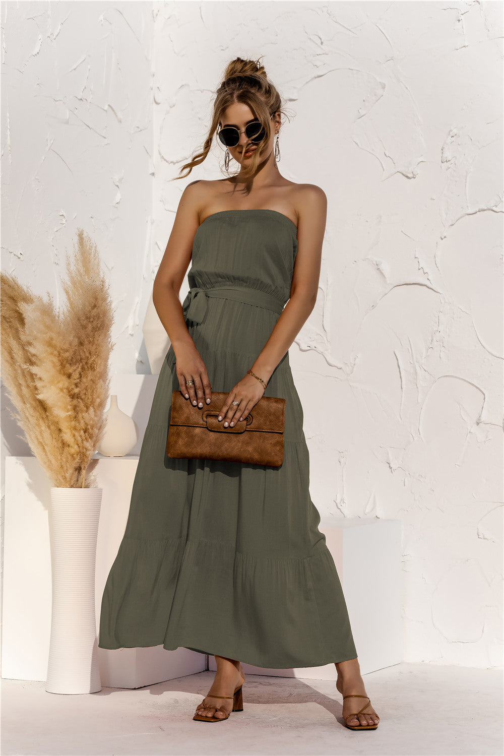 Strapless Tie Waist Tiered Maxi Dress Trendsi