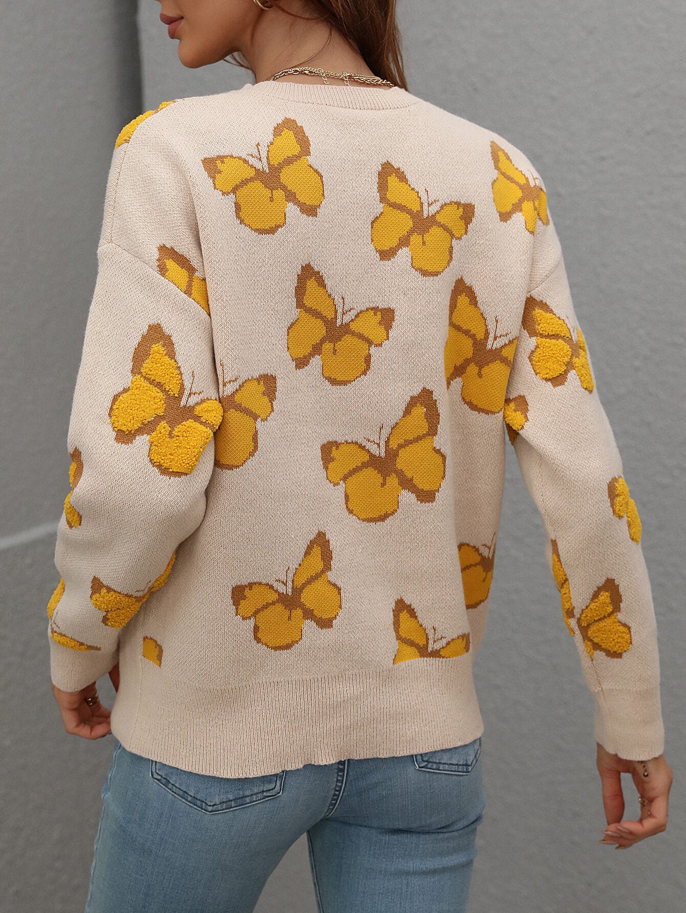 Butterfly Dropped Shoulder Crewneck Sweater Trendsi