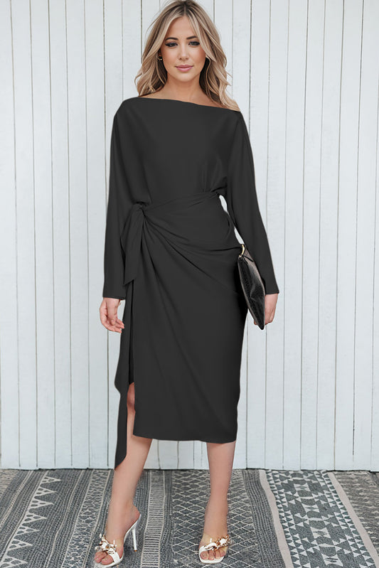 Boat Neck Long Sleeve Twisted Midi Dress Trendsi