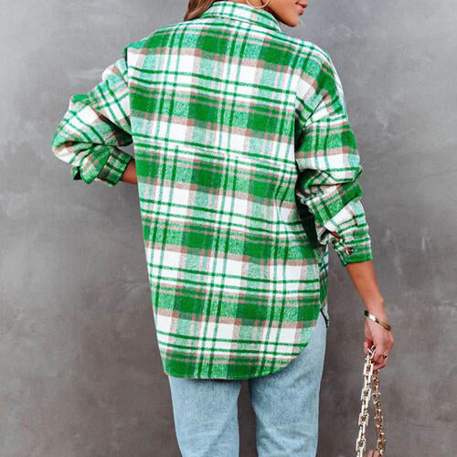 Plaid High-Low Collared Neck Jacket with Pockets Trendsi