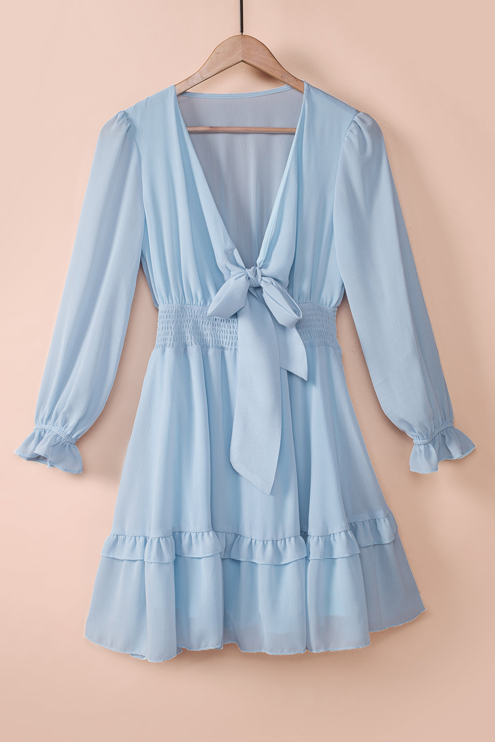 Tied Plunge Smocked Waist Flounce Sleeve Dress Trendsi