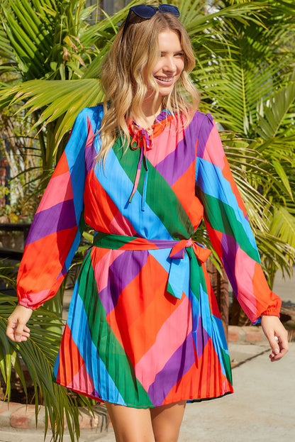 Multicolored Tie-Waist Pleated Balloon Sleeve Dress Trendsi