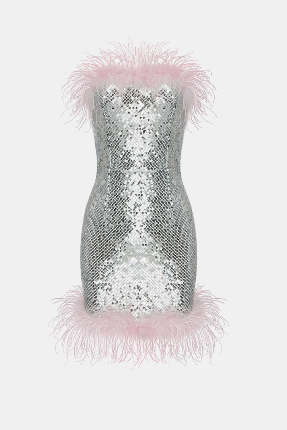 Sequin Feather Trim Strapless Dress Trendsi