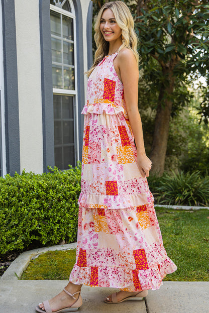 Patchwork Grecian Neck Ruffled Maxi Dress Trendsi