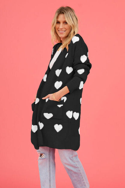 Heart Graphic Open Front Cardigan with Pockets Trendsi