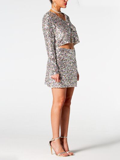 Sequin V-Neck Top and Mini Skirt Set Trendsi