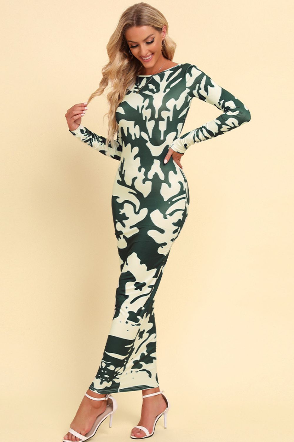 Printed Backless Long Sleeve Maxi Dress Trendsi