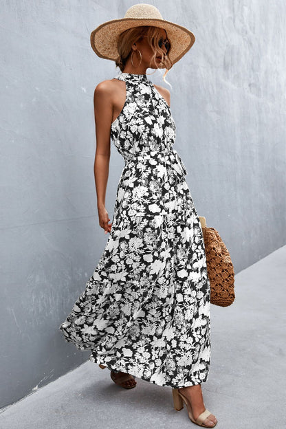 Printed Sleeveless Tie Waist Maxi Dress Trendsi