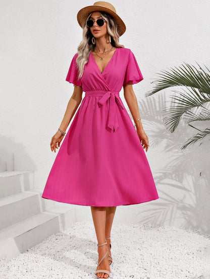 Surplice Neck Tie Belt Midi Dress Trendsi