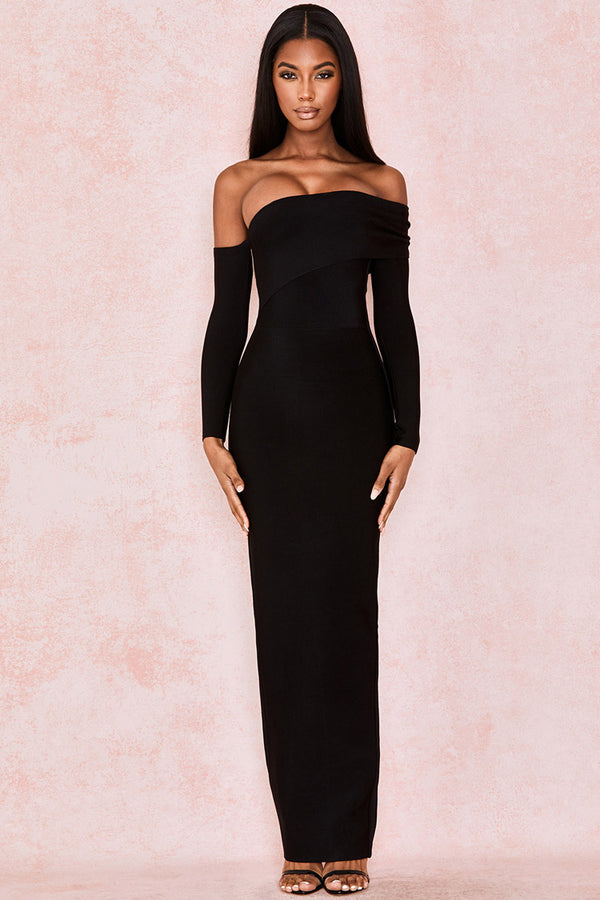 Meiga Off shoulder Slit Bandage Maxi Evening Dress-Black aclosy