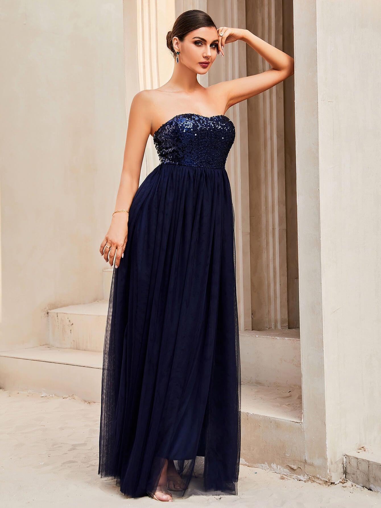 Sequin Strapless Spliced Tulle Dress Trendsi