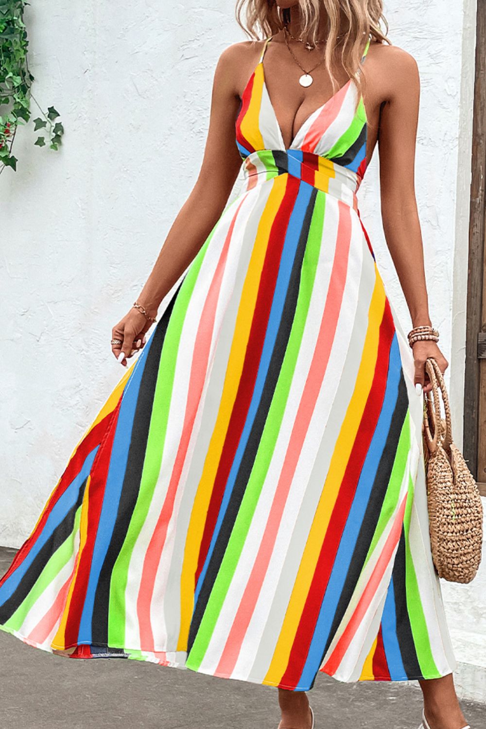 Multicolored Stripe Crisscross Backless Dress Trendsi