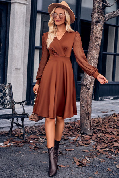 Surplice Neck Swiss Dot Long Sleeve Dress Trendsi