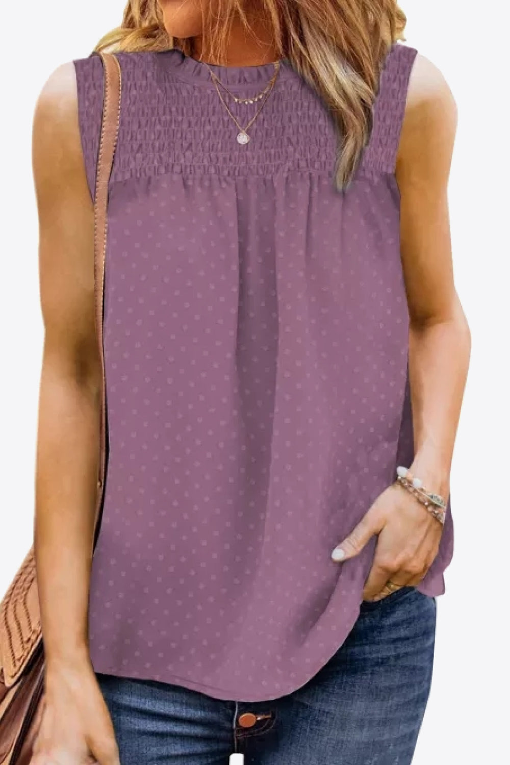 Smocked Tie Back Frill Trim Tank Trendsi