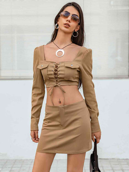 Lace-Up Cropped Top and Skirt Set Trendsi