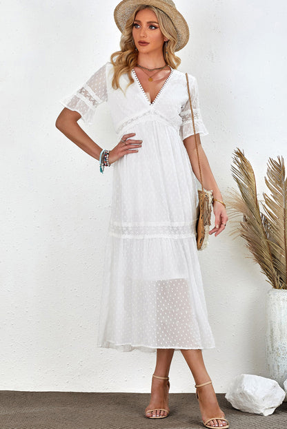 Swiss Dot V-Neck Short Sleeve Midi Dress Trendsi