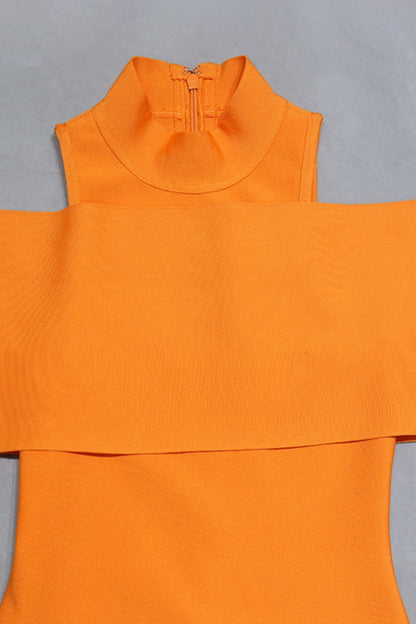 Cold-Shoulder Mock Neck Slit Midi Dress-Orange Trendsi