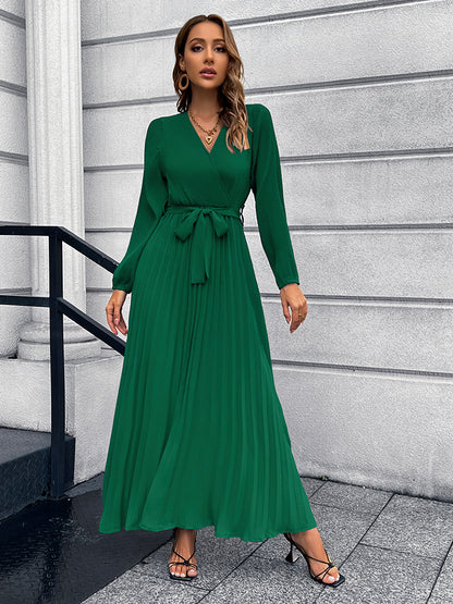 V-Neck Tie Waist Pleated Maxi Dress Trendsi