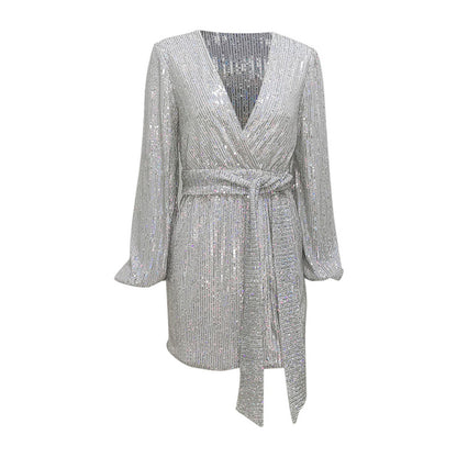 Sequined Mid-waist Silver Luxury Dress Aclosy