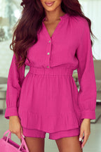 Buttoned Notched Neck Long Sleeve Romper Trendsi
