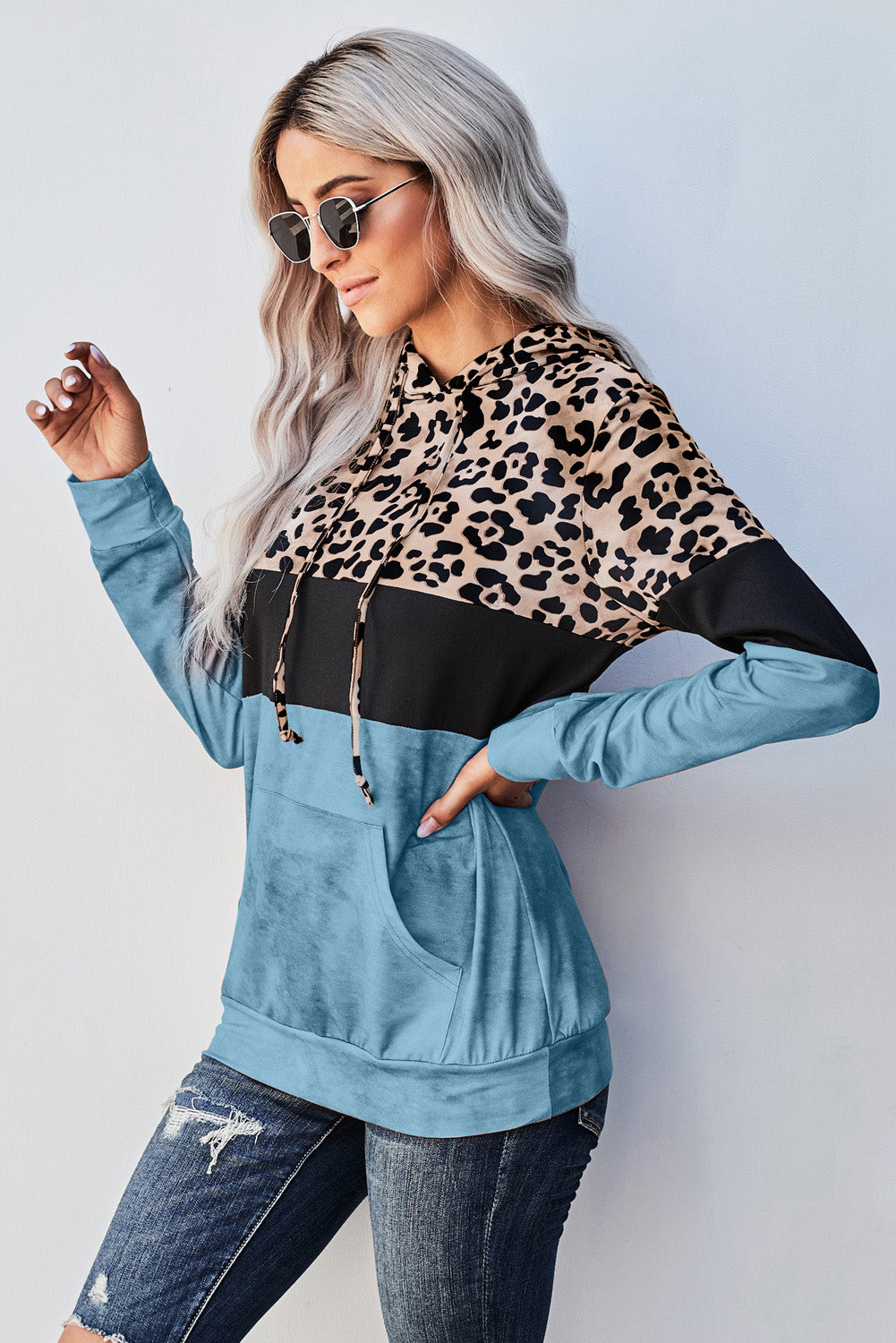 Leopard Color Block Hoodie Trendsi