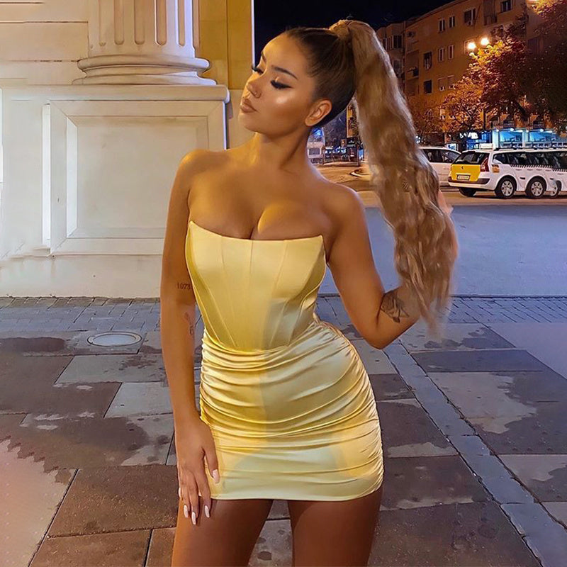 Cerry Strapless Off shoulder Satin Mini Dress aclosy