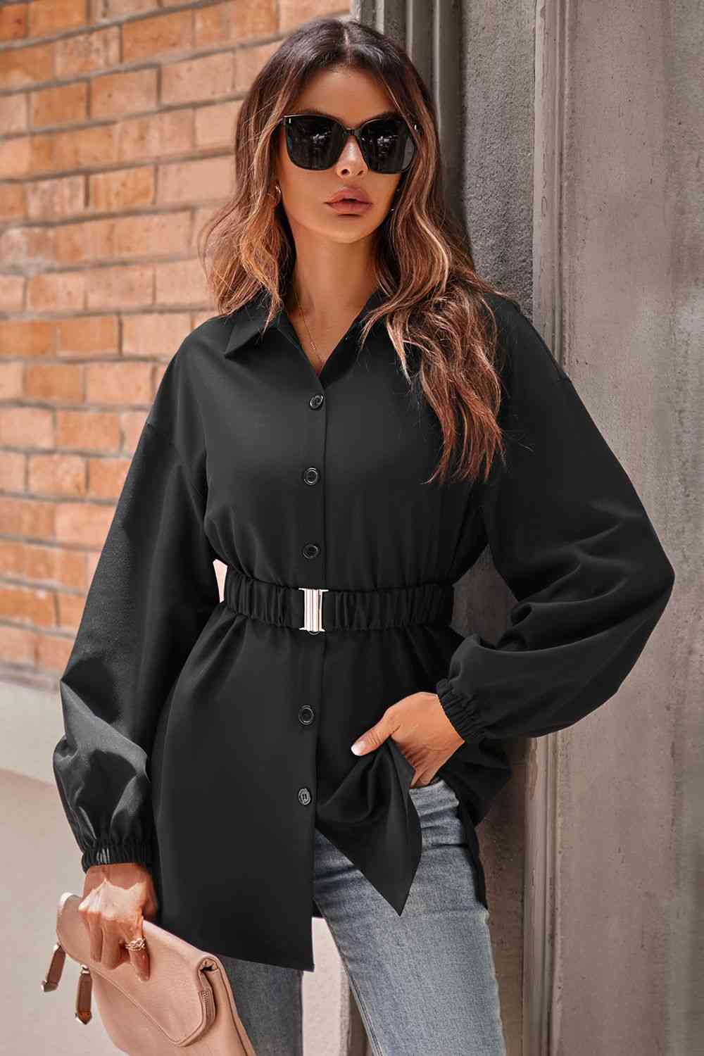 Collared Neck Button Down Long Sleeve Shirt Trendsi