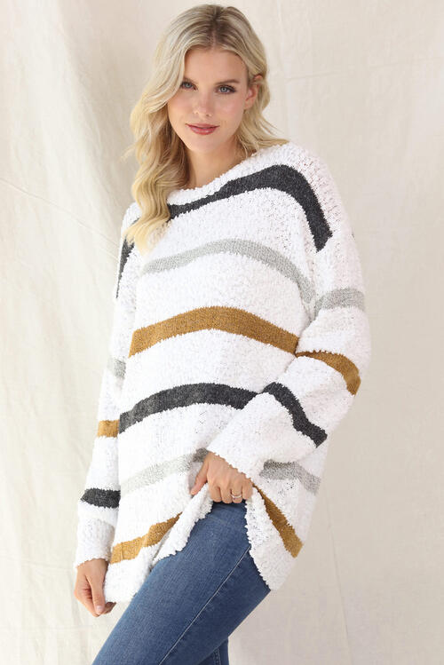 Striped Round Neck Long Sleeve Sweater Trendsi