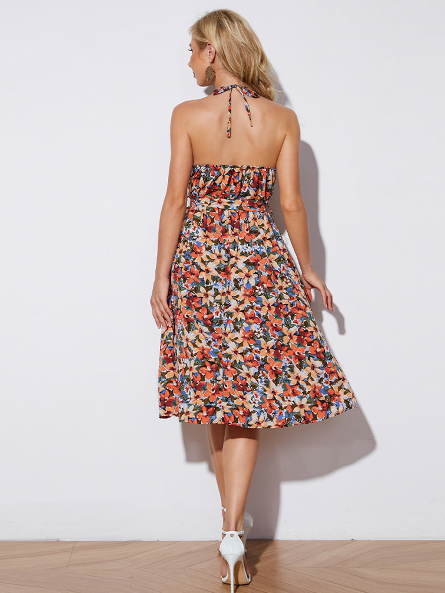 Floral Halter Neck Tie-Waist Backless Dress Trendsi