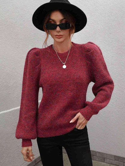 Heathered Long Lantern Sleeve Rib-Knit Sweater Trendsi
