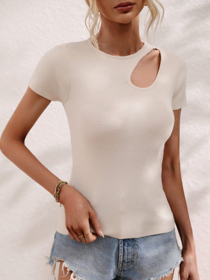 Cutout Round Neck Short Sleeve Knit Top Trendsi