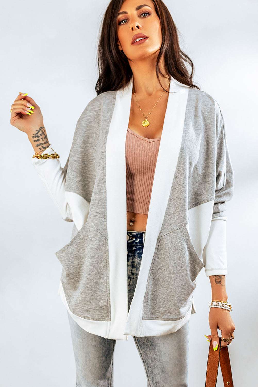 Contrast Open Front Cardigan with Pockets Trendsi