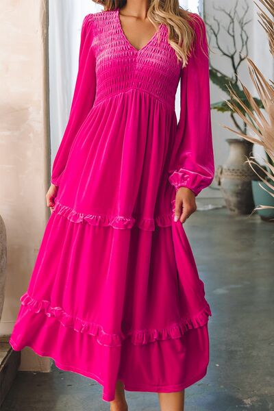 Frill V-Neck Balloon Sleeve Tiered Dress Trendsi