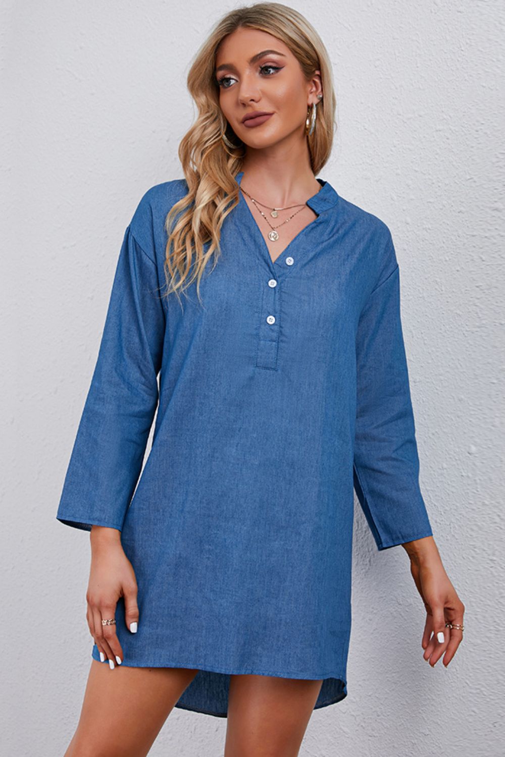 Half-Button Notched Neck High-Low Denim Dress Trendsi