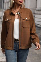 Textured Zip Up Collared Neck Jacket Trendsi