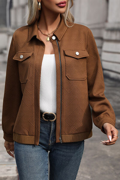Textured Zip Up Collared Neck Jacket Trendsi