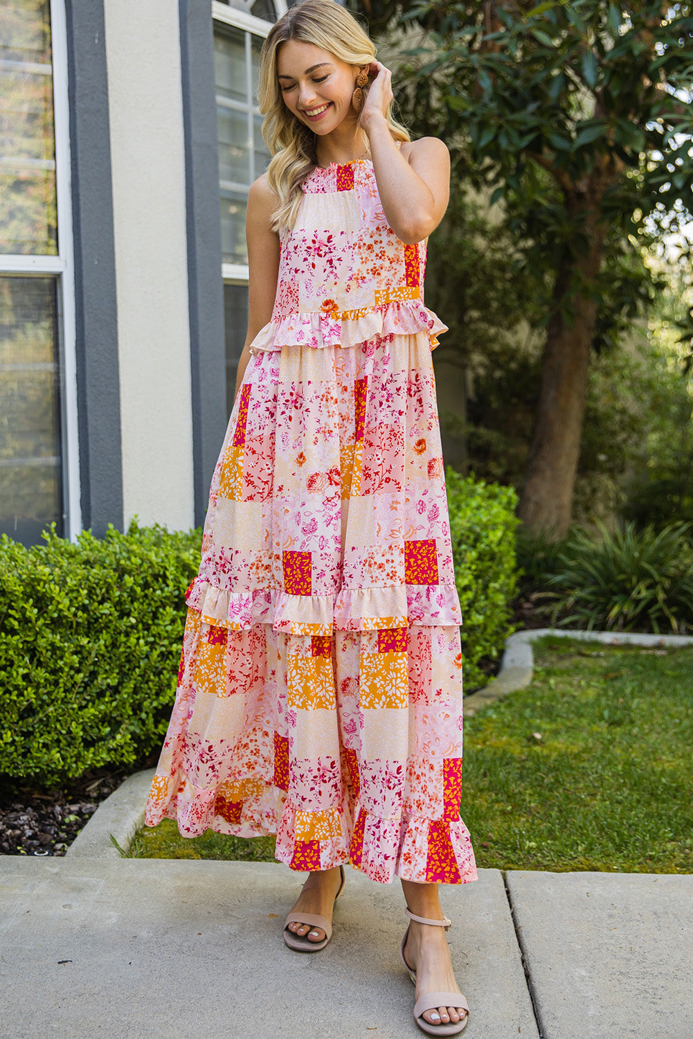 Patchwork Grecian Neck Ruffled Maxi Dress Trendsi