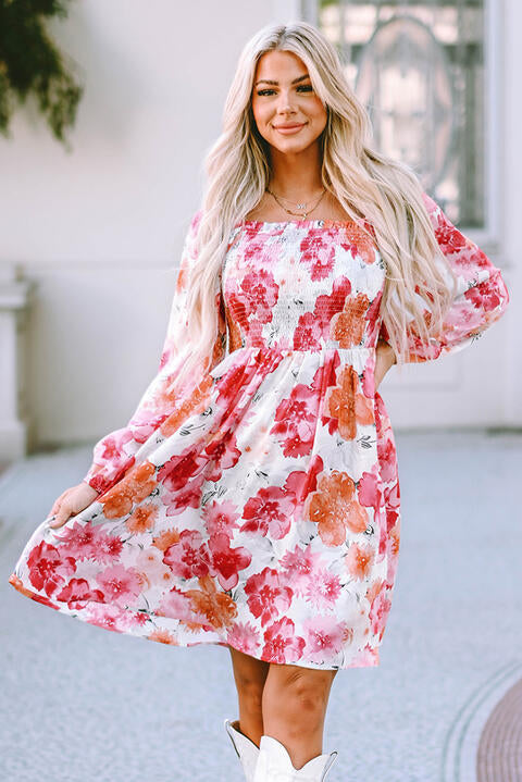 Floral Smocked Square Neck Long Sleeve Dress Trendsi